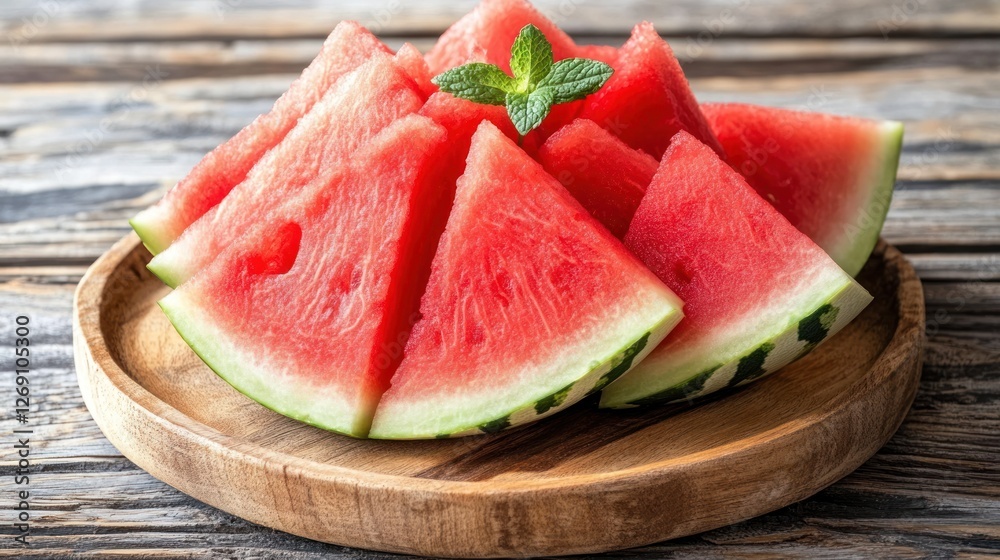 Refreshing Watermelon Slices on Wooden Tray Refreshing Watermelon Slices on Wooden Tray