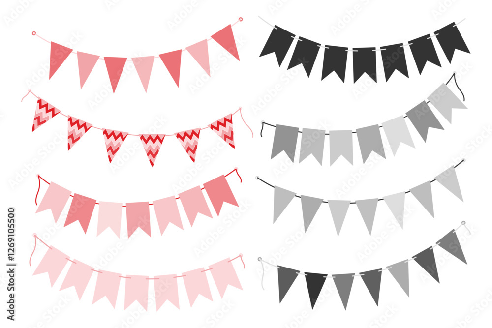 Obraz premium Festive pennant garland on rope in grayscale and monochrome pink St Valentine or Black Day elements
