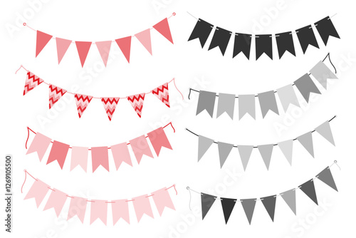 Festive pennant garland on rope in grayscale and monochrome pink St Valentine or Black Day elements