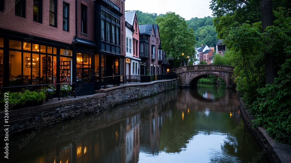 Fototapeta premium Charming canal town with brick buildings and reflections under a bridge