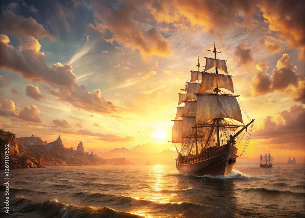 Obraz premium Panoramic View of a Sailing Ship Departing Harbor at Sunset