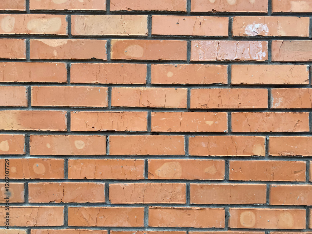 Obraz premium Brick wall texture showcasing varying shades and patterns from sunlight exposure and wear over time in an urban setting