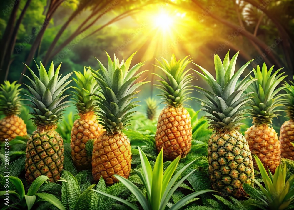 Panoramic View of Abundant Ripe Pineapples in Lush Tropical Foliage Panoramic View of Abundant Ripe Pineapples in Lush Tropical Foliage