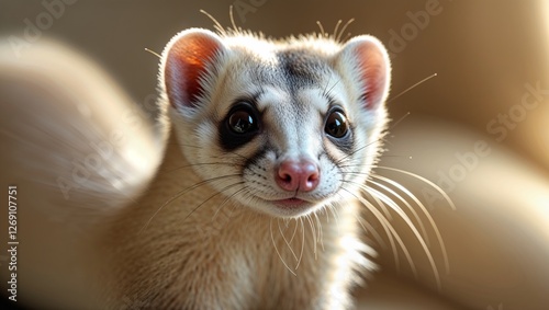 A striking image of a curious ferret glancing thoughtfully at the camera, its sparkling eyes reflecting light, evoking feelings of curiosity and charm in its observant gaze new