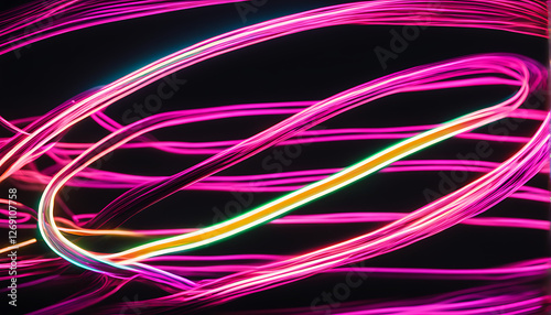 twisting neon light trails in the dark