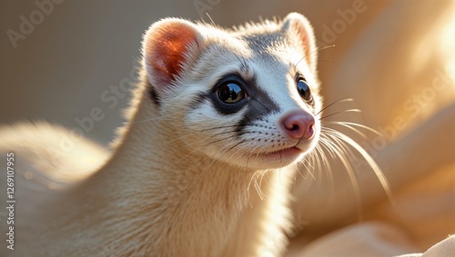 A striking image of a curious ferret glancing thoughtfully at the camera, its sparkling eyes reflecting light, evoking feelings of curiosity and charm in its observant gaze new
