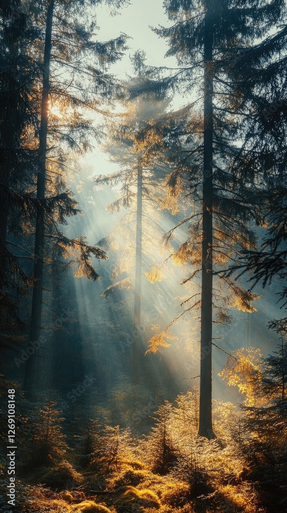 Obraz premium Golden sunlight shining through foggy autumn forest