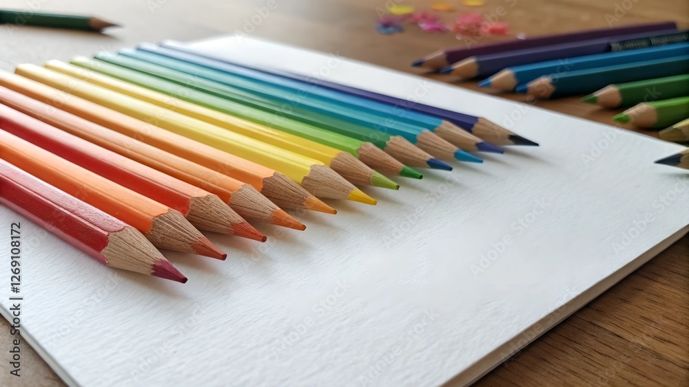 Naklejka premium Rainbow of Creativity: A vibrant spectrum of colored pencils lies neatly arranged on a blank sketchbook, ready to unleash a burst of creativity and color.