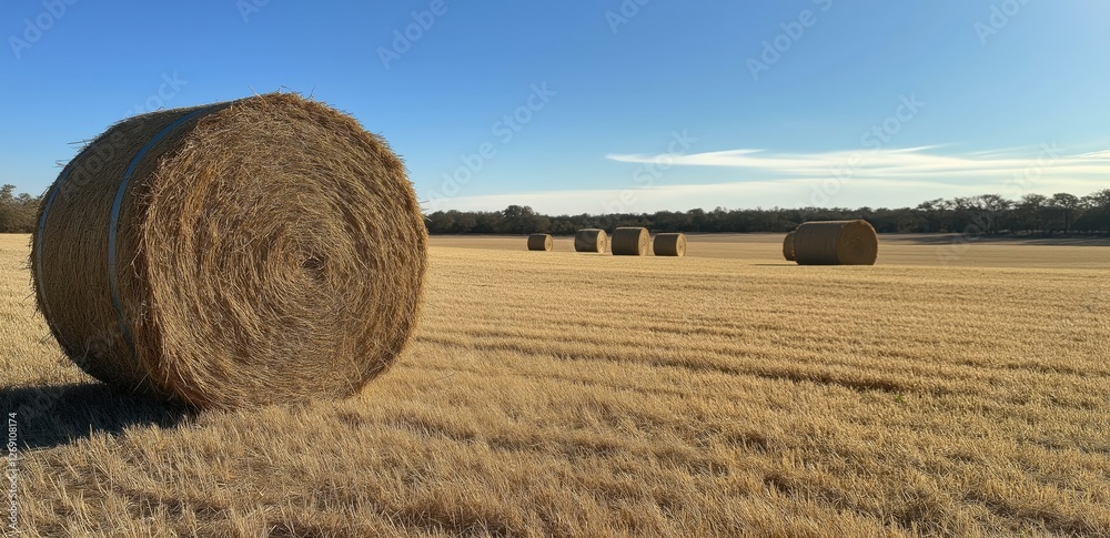 Large round hay bale in a harvested field, rural farming and countryside landscape Large round hay bale in a harvested field, rural farming and countryside landscape