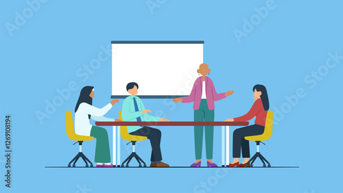 Professional business conference, business discussion concept. Vector illustration of a group of diverse people leading a discussion.