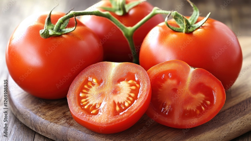 Juicy Red Tomatoes on Wooden Board Juicy Red Tomatoes on Wooden Board