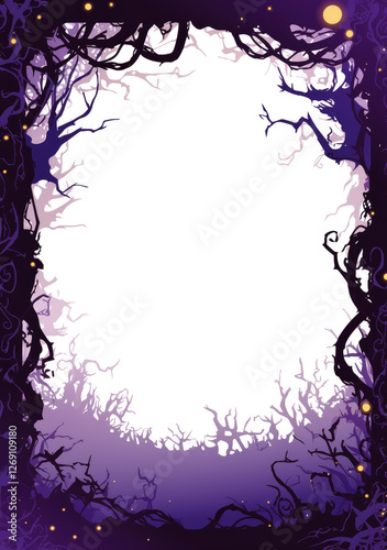spooky tree frame illustration with twisted branches and purple gradient background, perfect for Halloween themed designs. eerie atmosphere is enhanced by dark silhouettes and glowing orbs