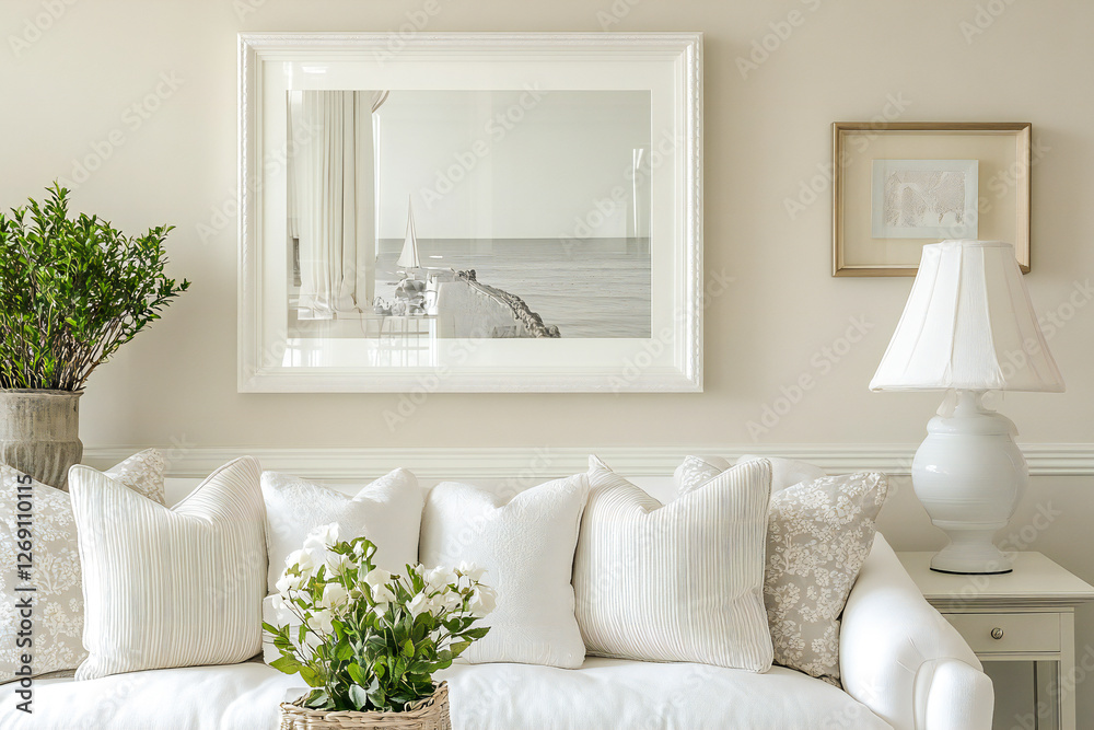 Naklejka premium empty white wooden photo frame hanging on white wall 