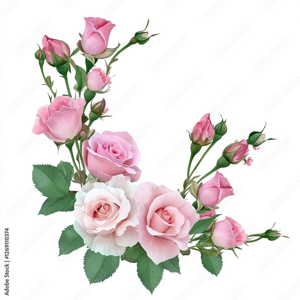 Cluster of Pink Roses with Green Leaves and Stems Showcasing Various Bloom Stages from Buds to Fully Bloomed Flowers Cluster of Pink Roses with Green Leaves and Stems Showcasing Various Bloom Stages from Buds to Fully Bloomed Flowers
