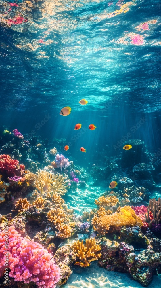 Fototapeta premium Underwater colorful coral reef and tropical fish swimming in the ocean
