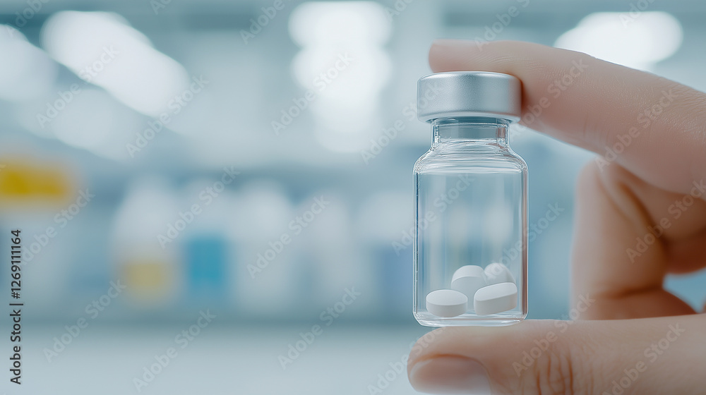 Close up of a scientist holding a glass vial containing pills, conducting pharmaceutical research in a laboratory setting, focused on drug development and innovation Close up of a scientist holding a glass vial containing pills, conducting pharmaceutical research in a laboratory setting, focused on drug development and innovation
