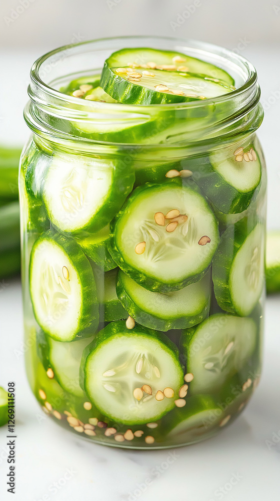 Pickled cucumber slices nestled in glass jar, displaying vivid green color and promising zesty, crisp texture of homemade preserved vegetables Pickled cucumber slices nestled in glass jar, displaying vivid green color and promising zesty, crisp texture of homemade preserved vegetables