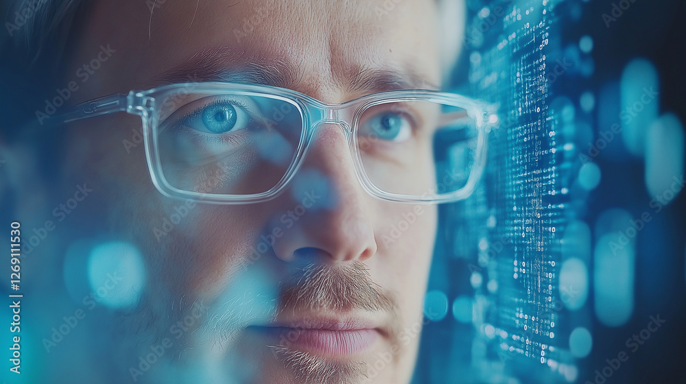 Close up of software engineer wearing glasses analyzing data stream projected on digital display, concept of data analysis, programming, and software development Close up of software engineer wearing glasses analyzing data stream projected on digital display, concept of data analysis, programming, and software development