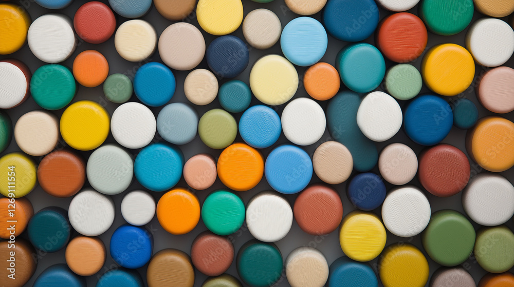 Vibrant cylindrical objects clustering tightly, forming geometric pattern with multicolored surfaces and intricate textural variations Vibrant cylindrical objects clustering tightly, forming geometric pattern with multicolored surfaces and intricate textural variations
