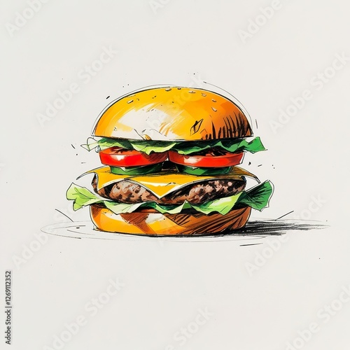 Wallpaper Mural Colour pencil sketch of yummy tasty sandwich burger. Bright vibrant fast food template for business. Colourful food photo. Modern street caffe restaurant food.	 Torontodigital.ca