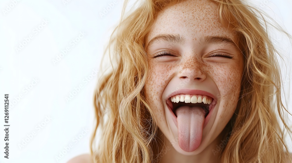 Young woman with natural blonde hair laughing with playful tongue out expression, authentic joyful emotional portrait, genuine happiness lifestyle moment isolated on white background Young woman with natural blonde hair laughing with playful tongue out expression, authentic joyful emotional portrait, genuine happiness lifestyle moment isolated on white background