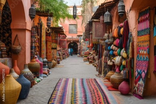 Colorful carpets and souvenirs decorating the stalls of a moroccan souk in marrakesh