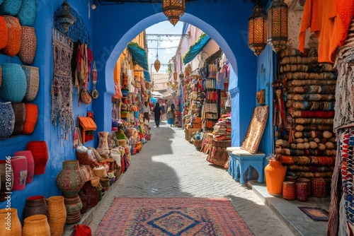 Chefchaouen's blue alley displaying traditional moroccan carpets and souvenirs