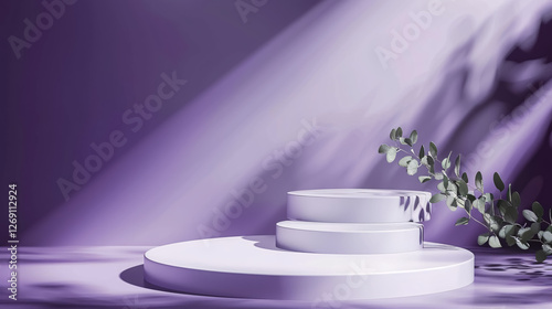 Abstract minimalistic scene with geometric forms, showcasing a podium on a purple background with shadows, perfect for product presentations and cosmetic product displays.