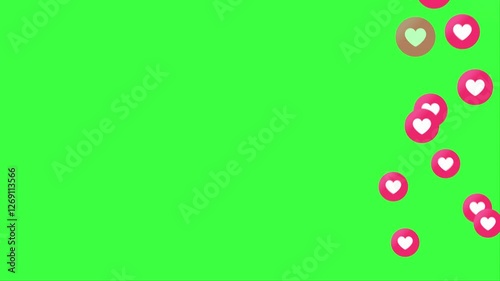 Animated emoji of hearts moving upwards, green screen 4K footage