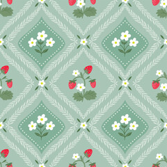Acrylglasbilder Küchenmuster Erdbeeren und Blüten Vintage Frühlingsmuster  © lilett