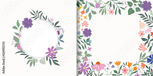 Spring and summer  collection with floral frames, decorative invitation, greeting card with flowers in bloom