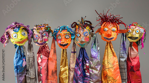 Plastic bag puppets embellished with sequins and leftover cloth