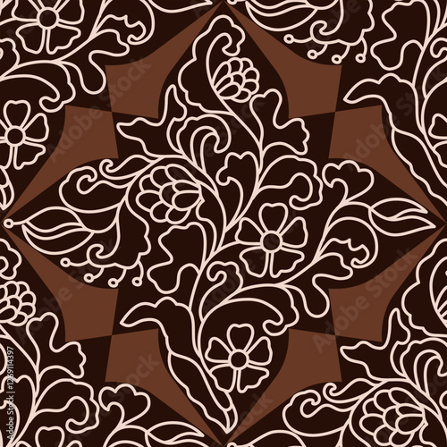 floral pattern art nouveau brown color outline style for textile printing ,motif border