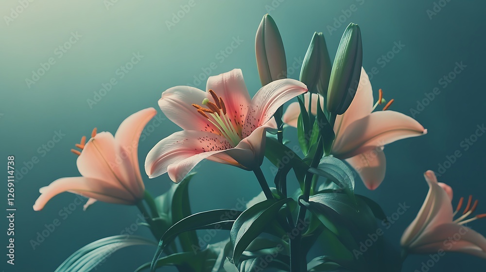 Obraz premium A group of pink lilies on a dark teal background