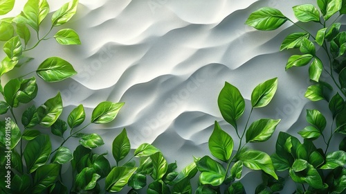 Lush green leaves framing a textured white background, creating a serene and natural ambiance