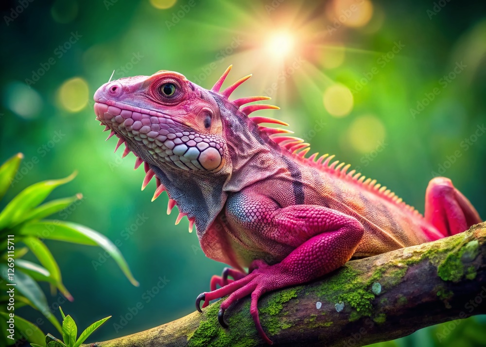 Fototapeta premium Pink Iguana on Branch, Bokeh Background - Exotic Reptile Stock Photo