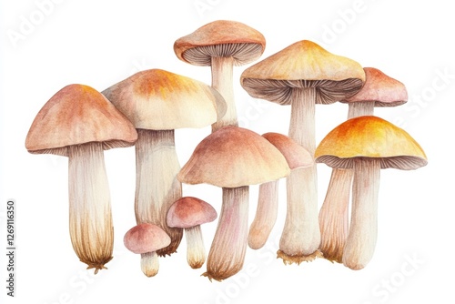 Watercolor mushrooms cluster, autumn harvest, white background, design element