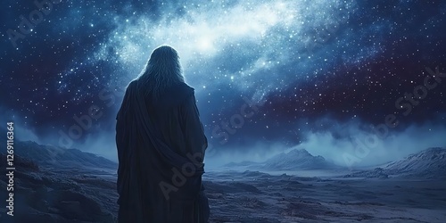 A mystical figure gazes into a starry cosmic sky, surrounded by a dark, serene landscape, evoking feelings of wonder and infinity.