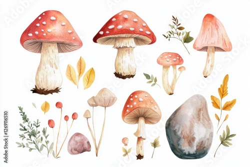 Watercolor autumn forest mushroom collection design elements