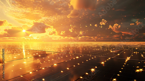 Solar panels reflect sparkling light and golden sky