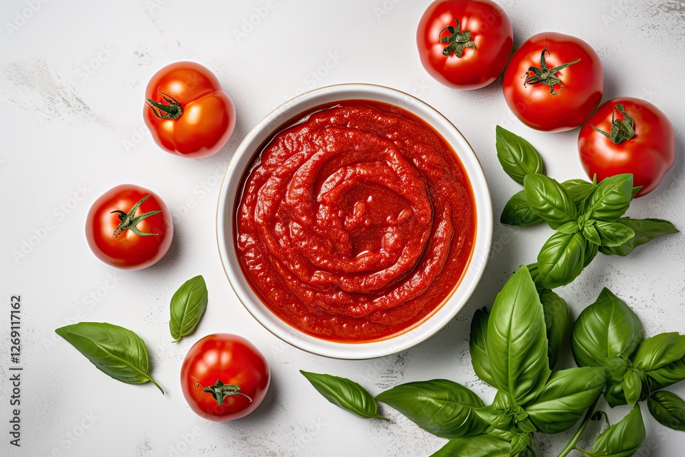 Tomato paste basil leaves in a bowl fresh tomatoes on a light background vitamins detox vegetable vegetarian food top view Tomato paste basil leaves in a bowl fresh tomatoes on a light background vitamins detox vegetable vegetarian food top view