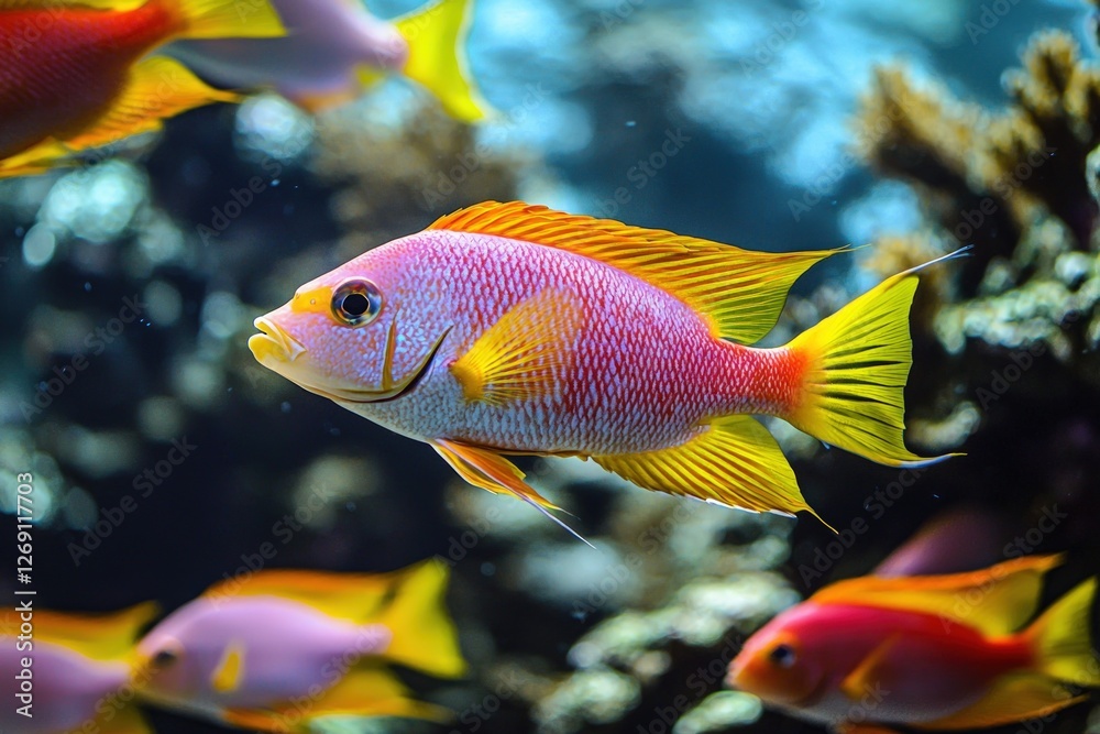 A school of colorful fish swimming in crystal-clear water A school of colorful fish swimming in crystal-clear water