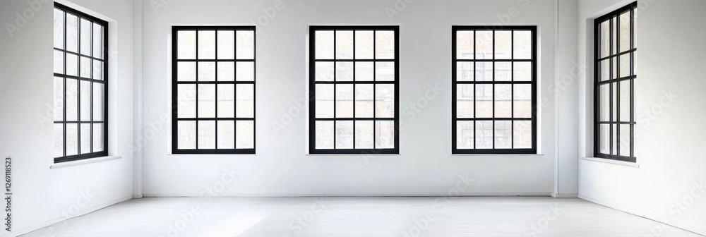 Empty white room with four large black framed windows Empty white room with four large black framed windows