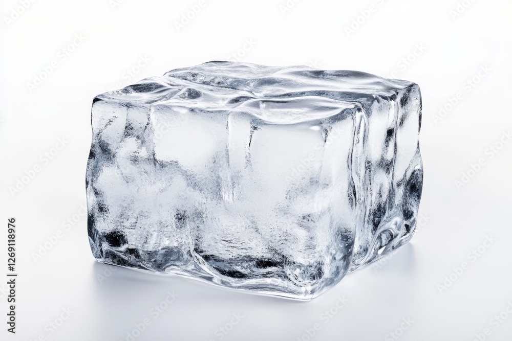 Obraz premium Clear ice cube on white background, studio shot, refreshing drink