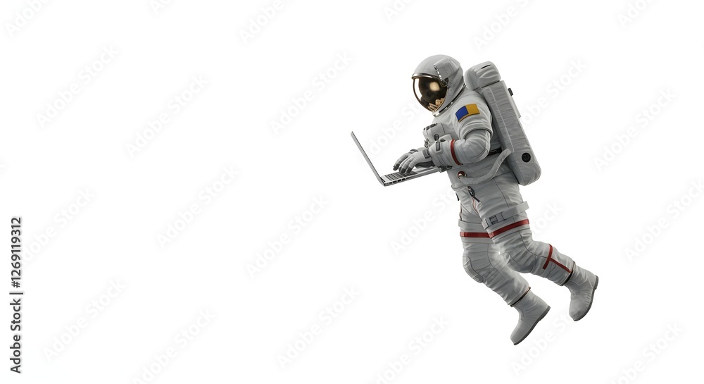 An astronaut is busy using a laptop, with a clean and empty background. An astronaut is busy using a laptop, with a clean and empty background.