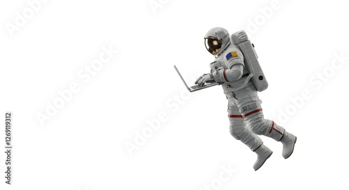 An astronaut is busy using a laptop, with a clean and empty background.
