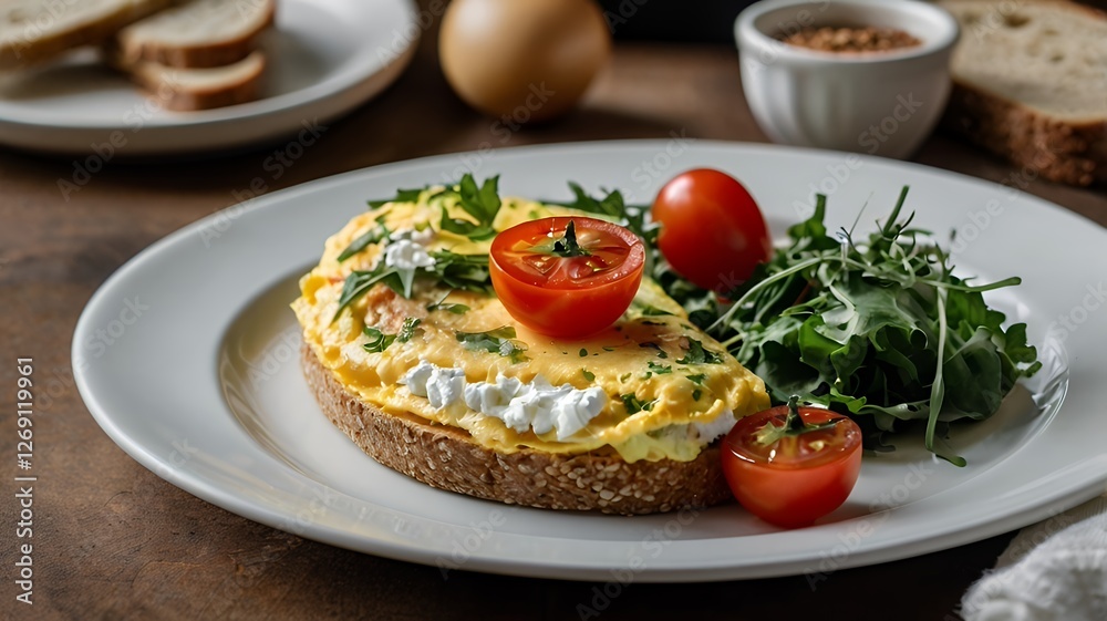 An omelet with goat cheese, greens, and cherry tomatoes, served on a beautiful white plate with slices of whole-grain bread. An omelet with goat cheese, greens, and cherry tomatoes, served on a beautiful white plate with slices of whole-grain bread.