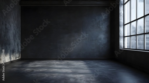 dark room interior with large window and concrete walls