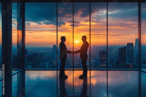 Businessmen shaking hands in modern office at sunset with city view