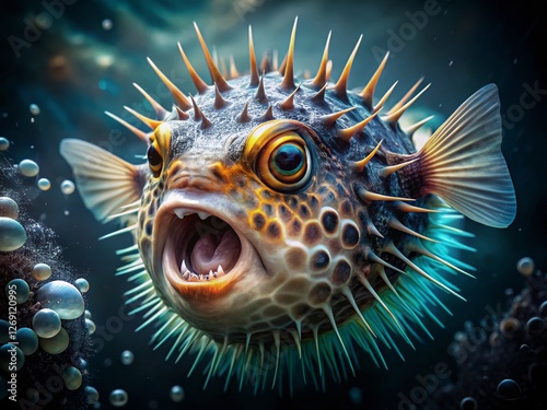 Pufferfish Inflation Defense Mechanism: Double Exposure Stock Photo photo